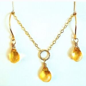 14k Yellow Gold Citrine Gemstone Necklace & Earring Set